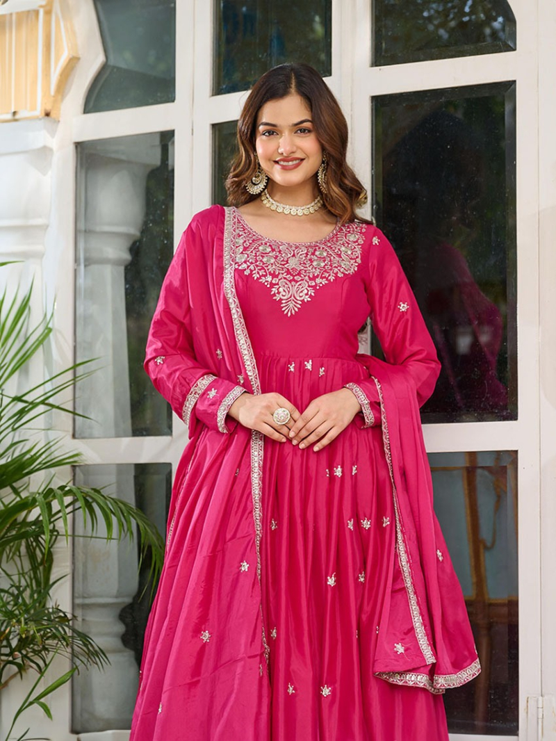 Festive Traditional Ethnic Rani Pink American Silk Anarkali Suit