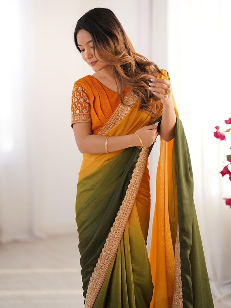 Traditional Ethnic Festive Mustard & Green Chinnon Silk Saree