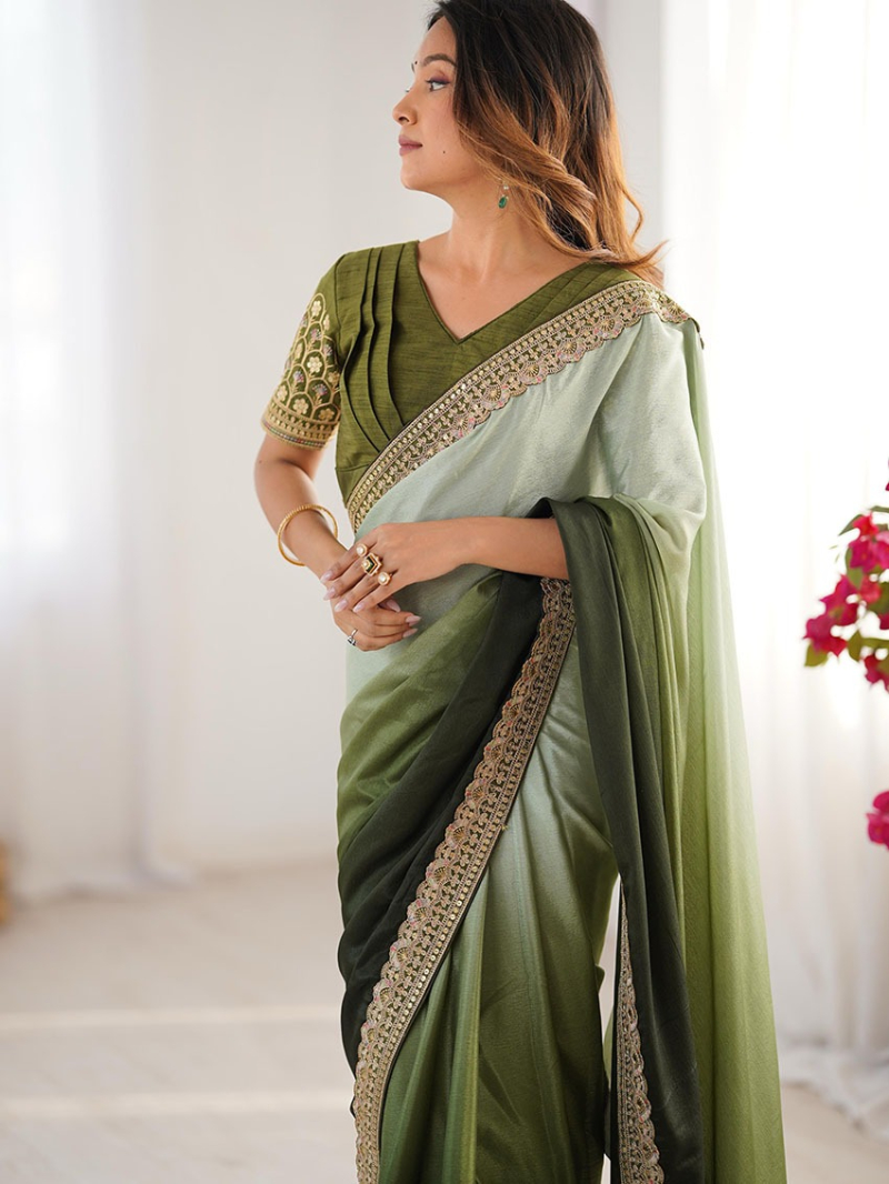  Ethnic Festive Traditional Olive Green & Pista Chinnon Silk Saree