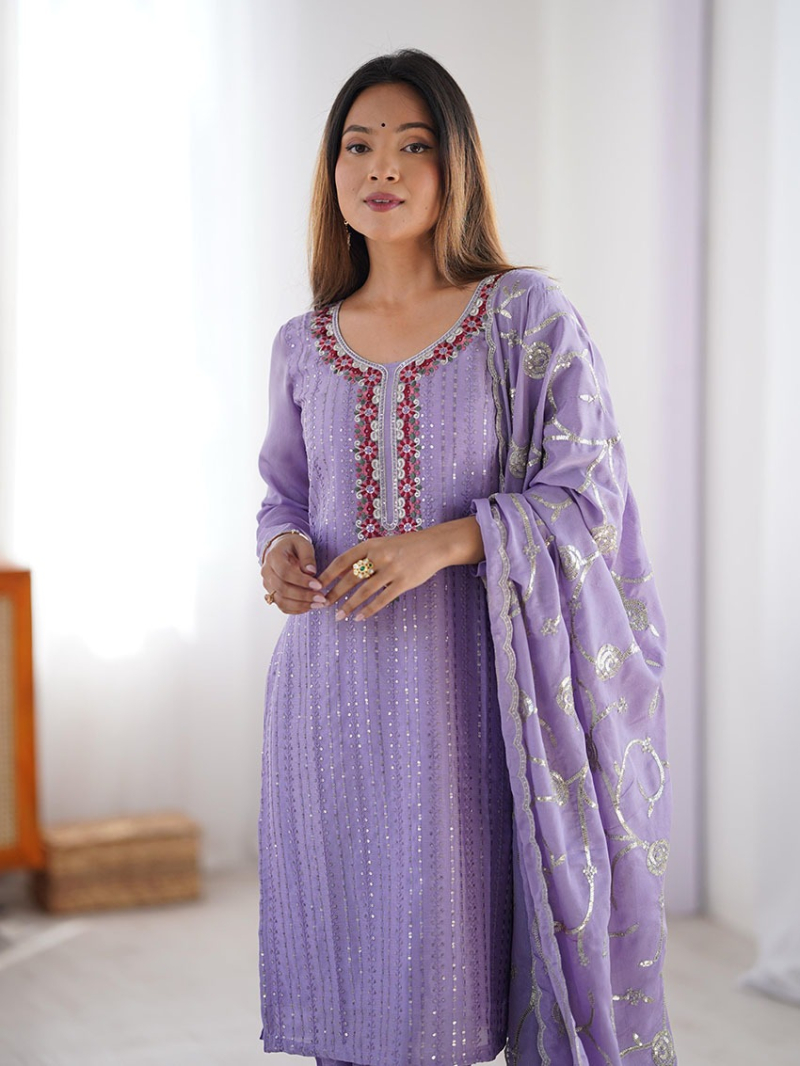 Traditional Ethnic Festive Lavender Chinnon Silk Straight Suit