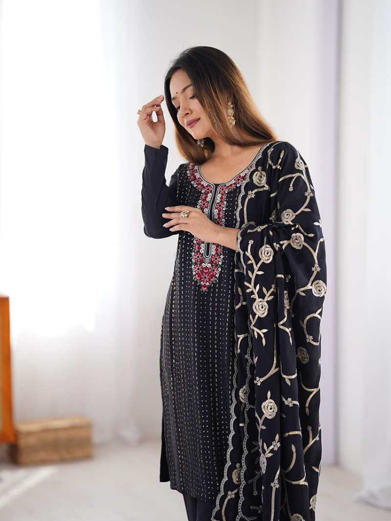 Designer Ethnic Festive Black Chinnon Silk Straight Suit