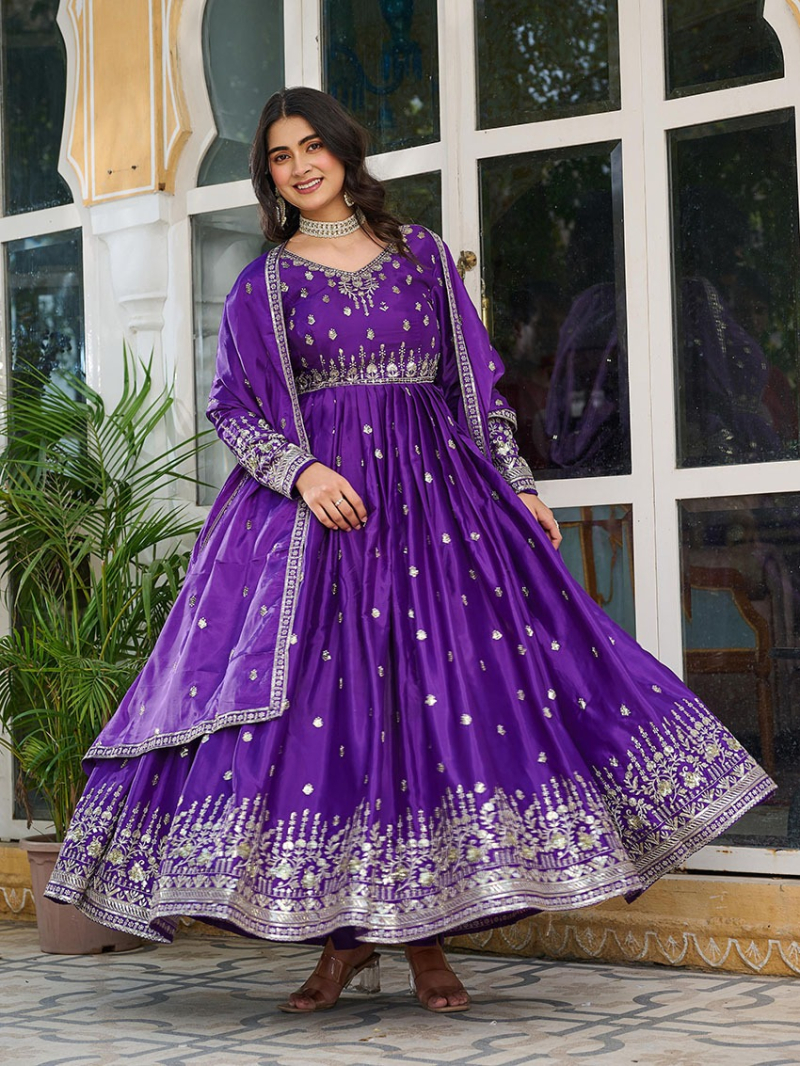 Elegant Ethnic Festive Purple American Silk Anarkali Suit