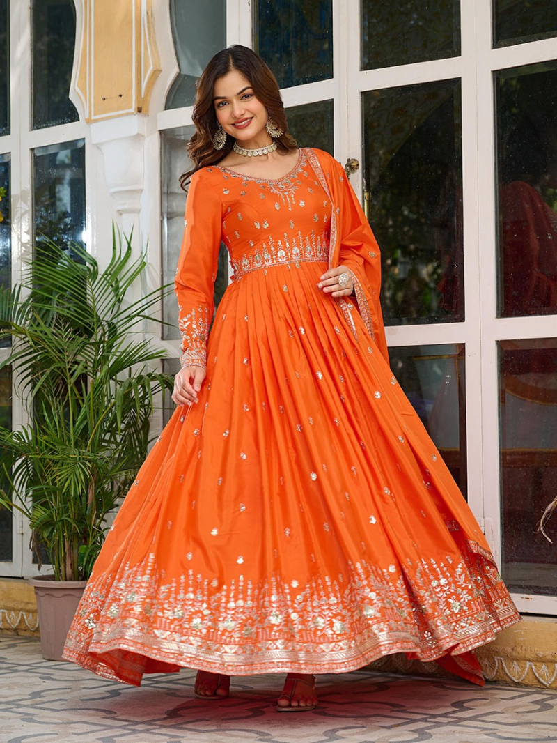 Traditional Ethnic Festive  Orange American Silk Anarkali Suit