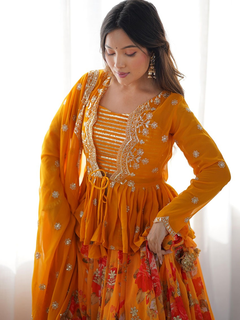 Designer Ethnic Traditional Orange Faux Georgette Lehanga Suit