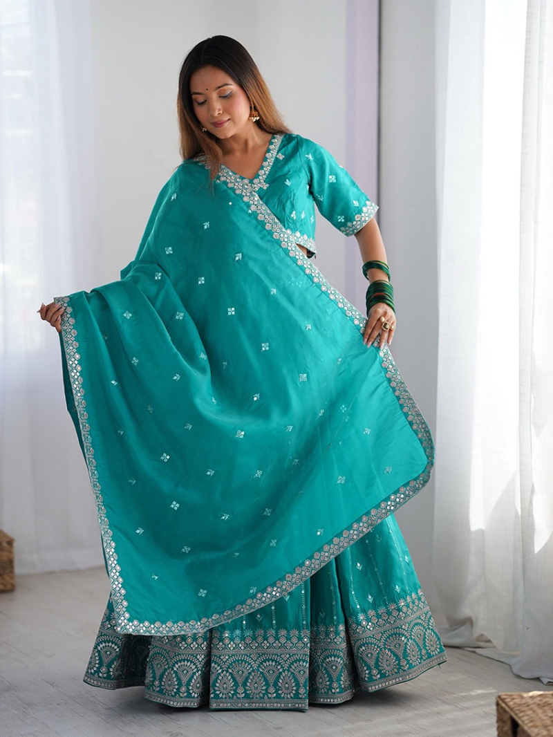 Designer Traditional Ethnic Turquoise Blue Shimmer Silk Lehagna Suit