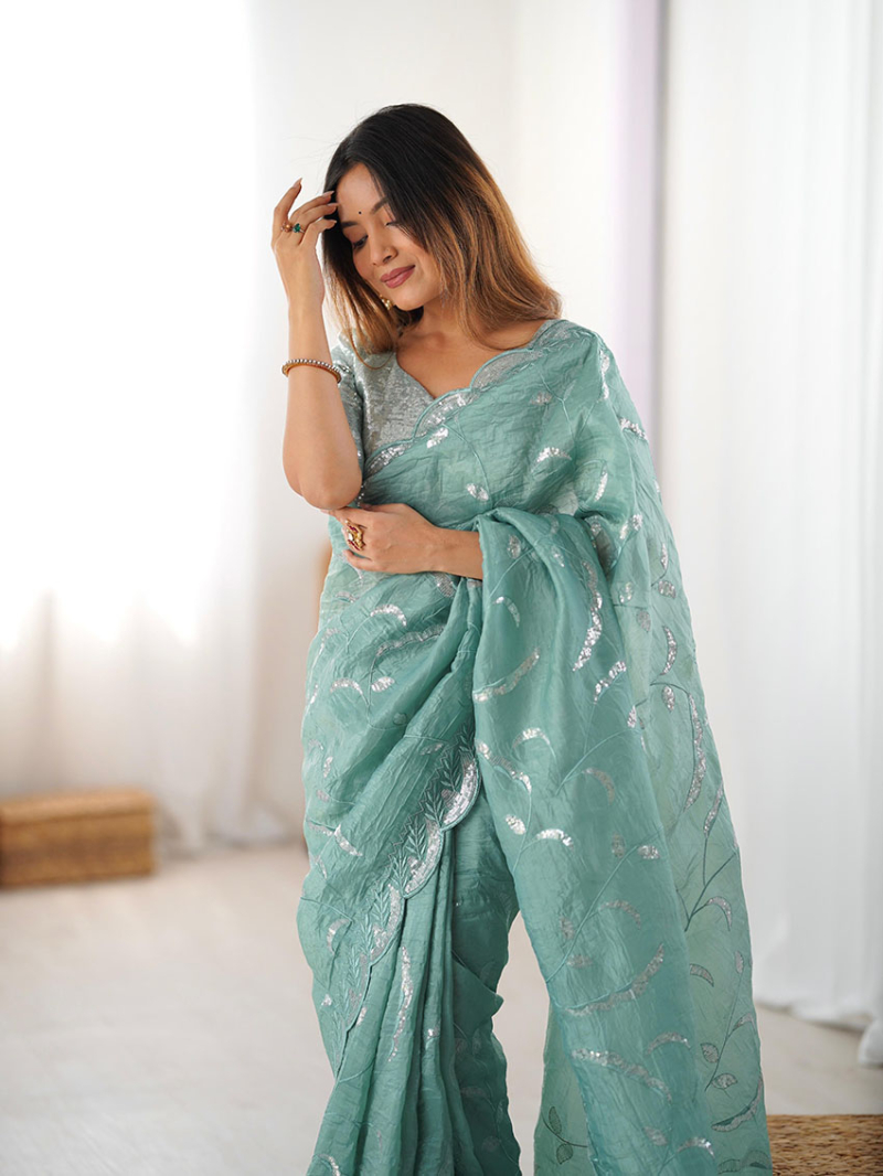 Traditional Festive Ethnic Dusty Teal Green Gold Crush Saree