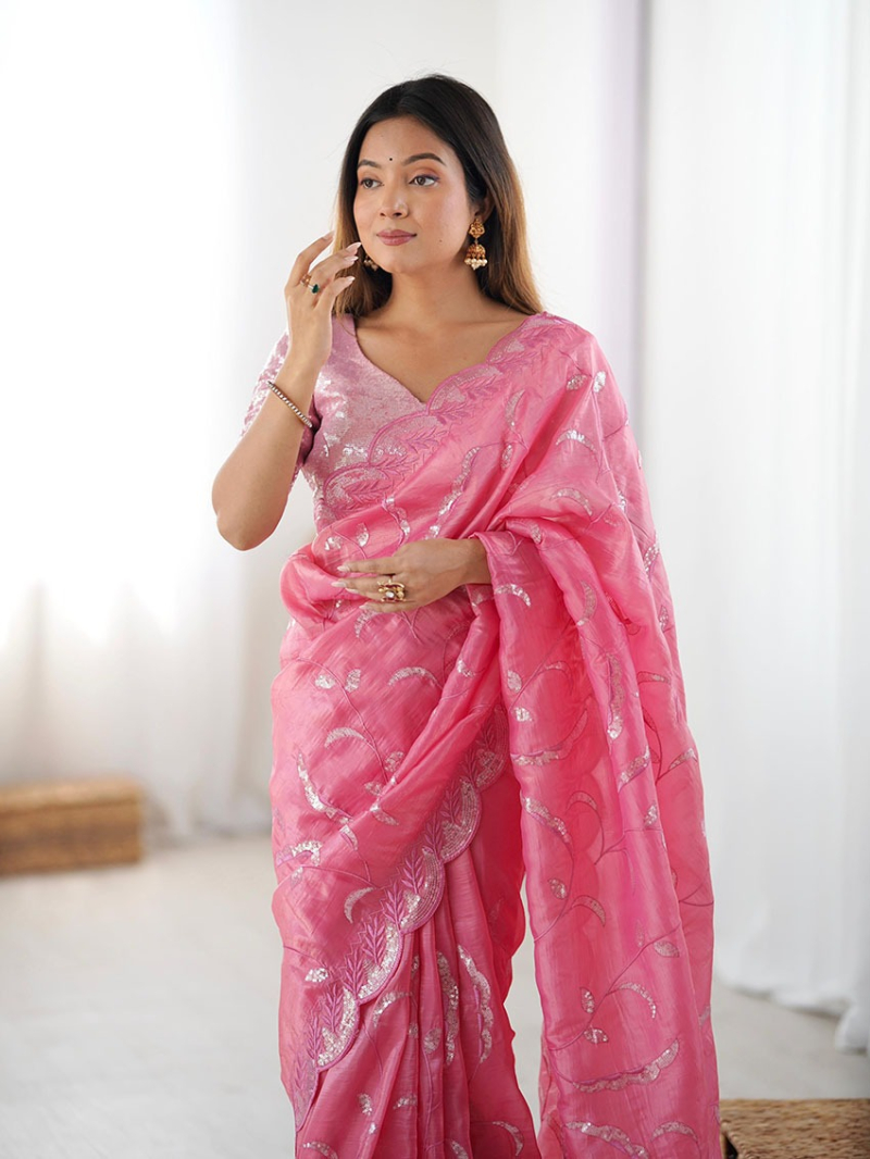 Traditional Ethnic Festive Gold Crush  Silk Pink Saree
