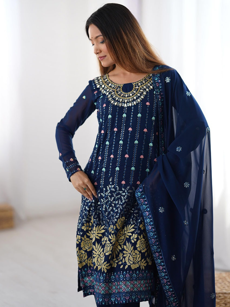 Authentic Traditional Festive Navy Blue Faux Georgette Straight Suit
