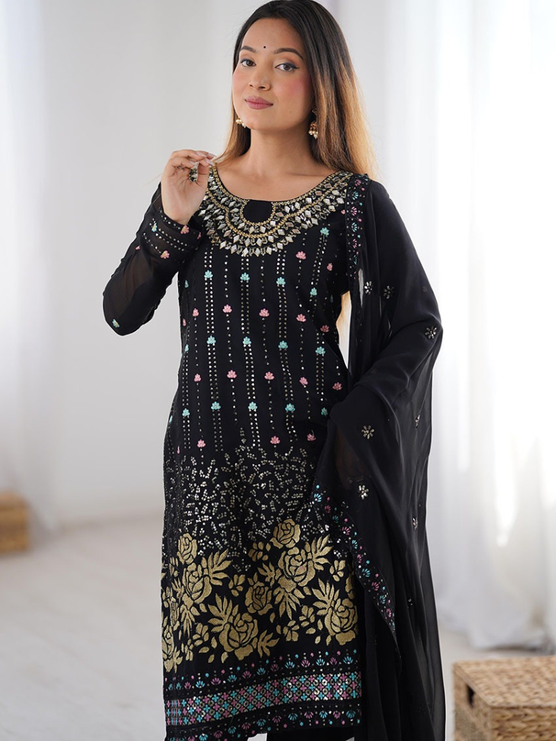 Authentic Ethnic Festive Black Faux Georgette Straight Suit