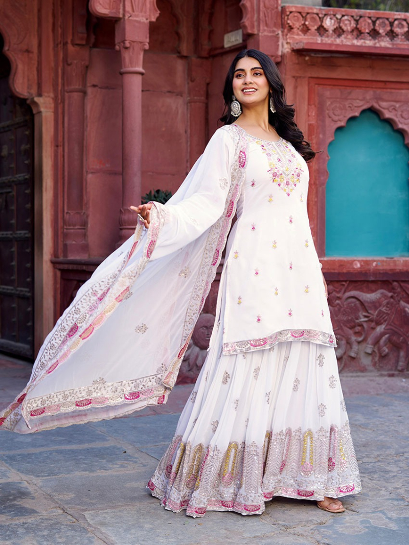 Traditional Ethnic Festive White Faux Georgette Sharara Suit