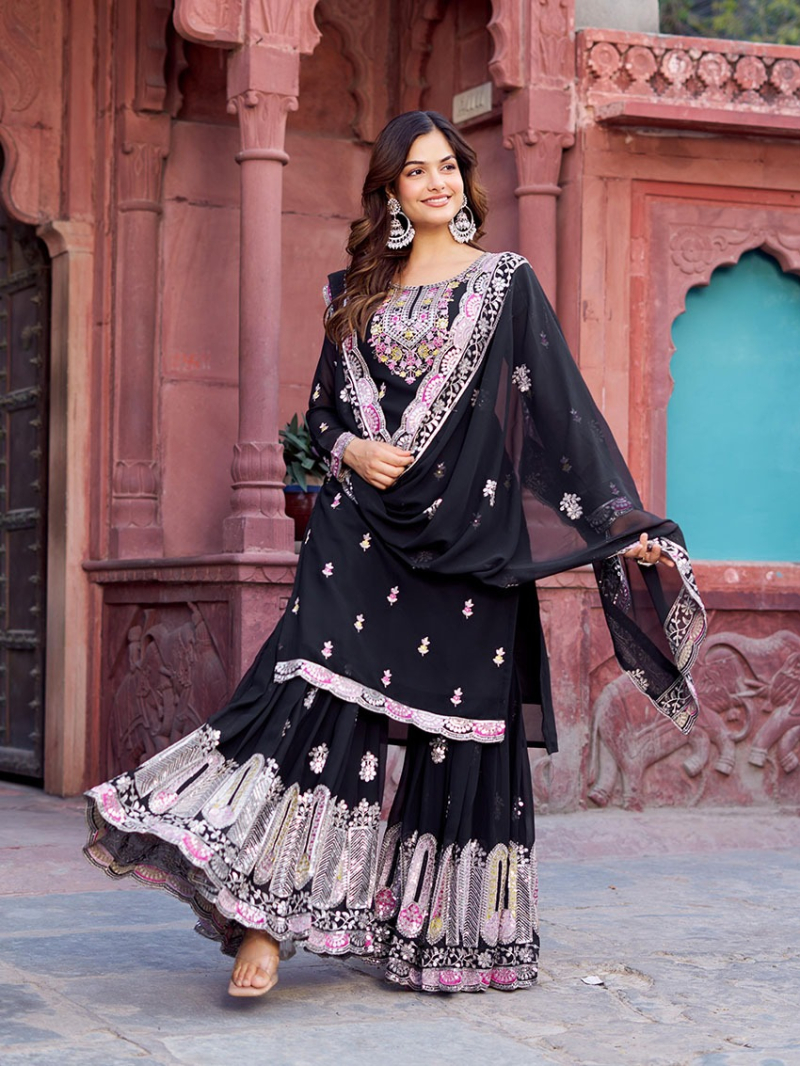 Authentic Ethnic Festive Black Faux Georgette Sharara Suit