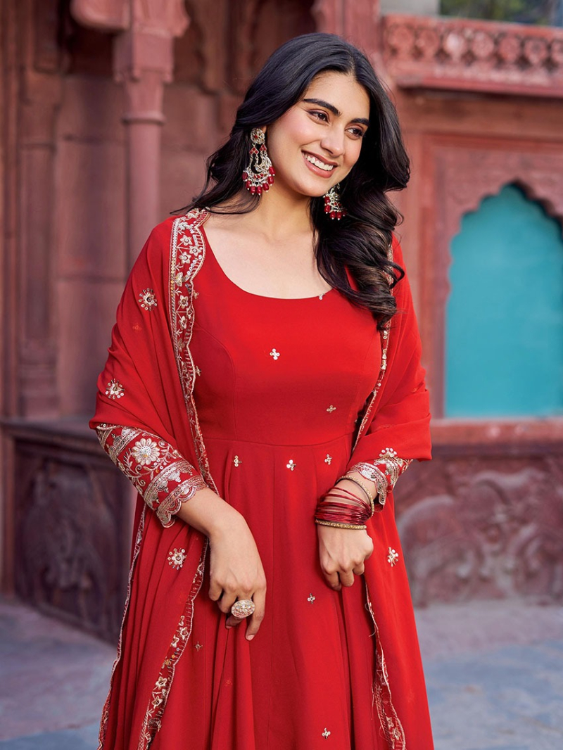 Elegant Ethnic Traditional Crimson Red Georgette Anarkali Suit