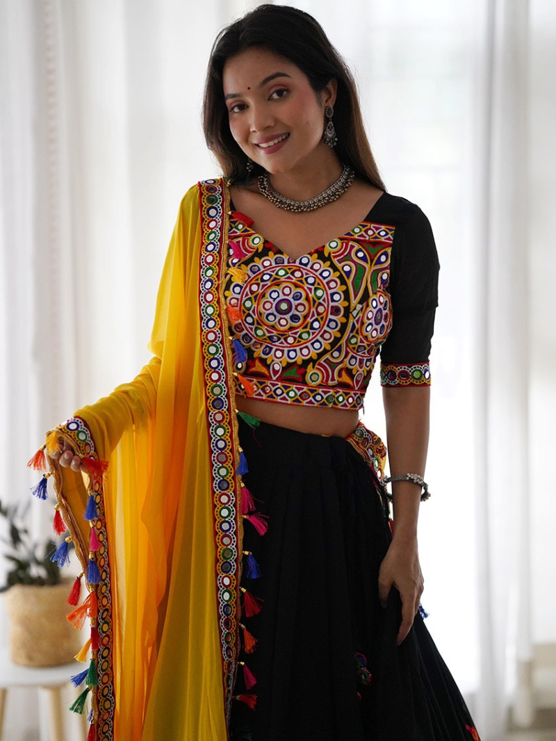Designer Festive Ethnic Black & Yellow Faux Georgette Lehanga Suit