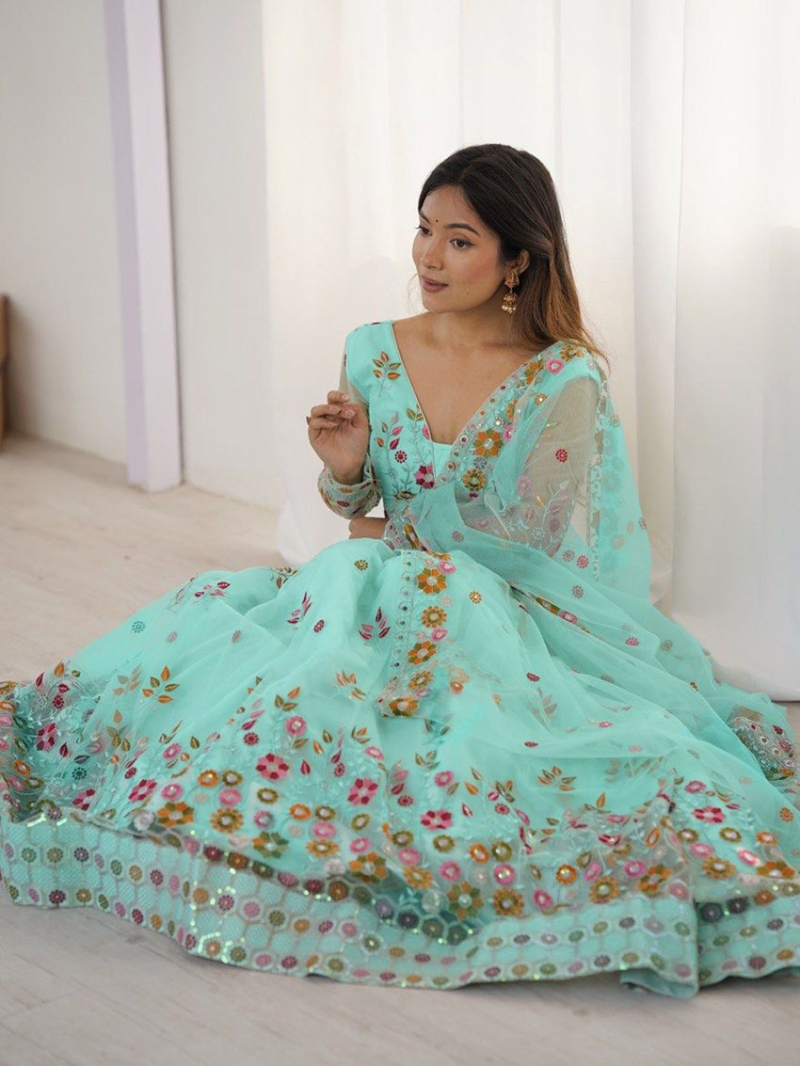 Designer Festive Traditional Turquoise Soft Net Lehanga Suit