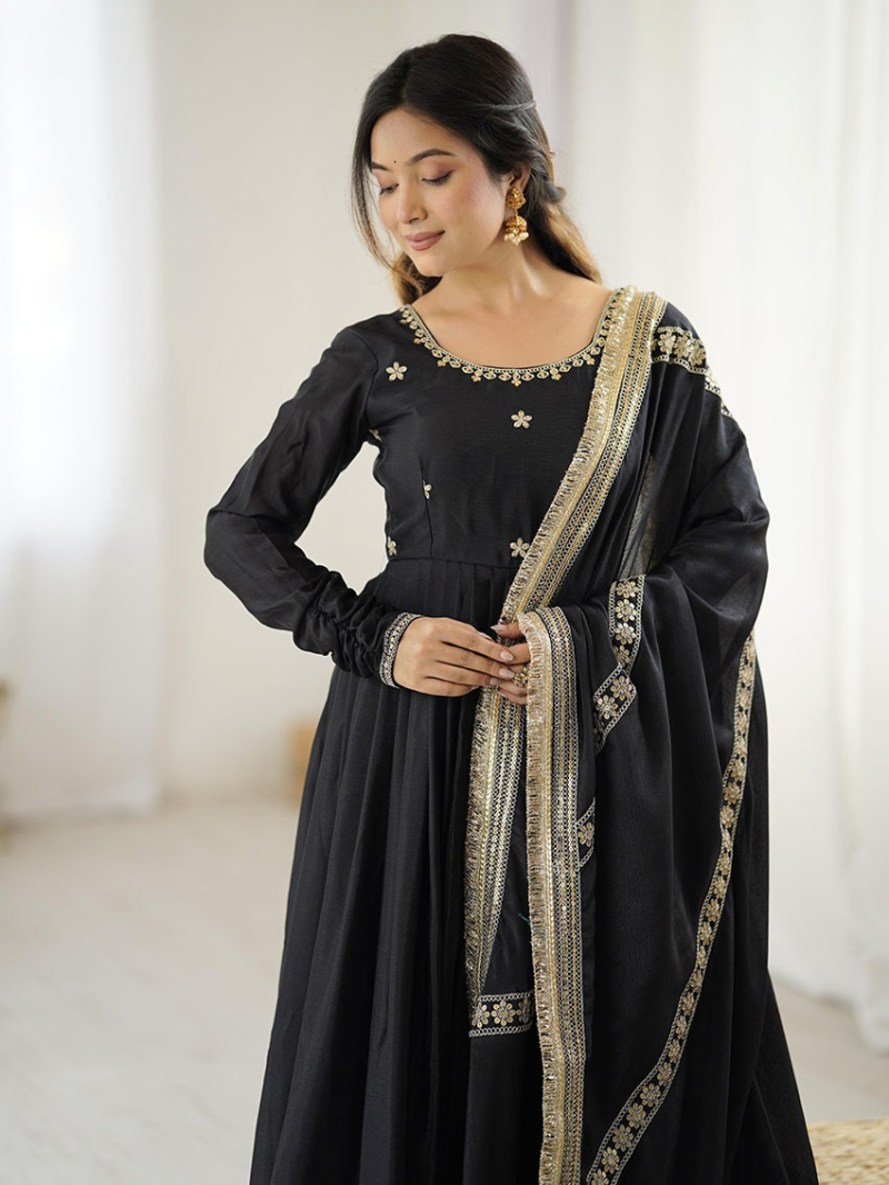 Designer Traditional Festive Black Chinnon Silk Anarkali Suit