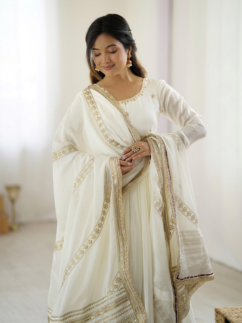 Designer Elegant Traditional White Chinnon Silk Anarkali Suit