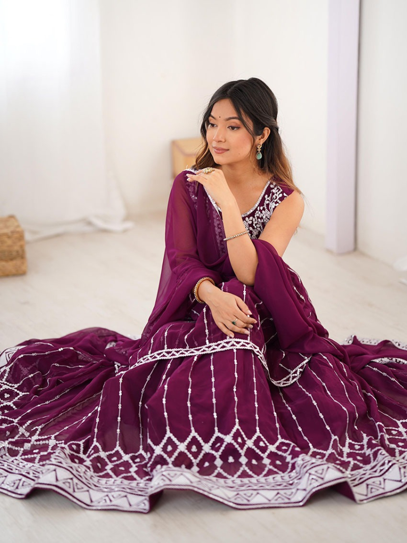 Designer Ethnic Festive Wine Faux Georgette Lehanga Suit