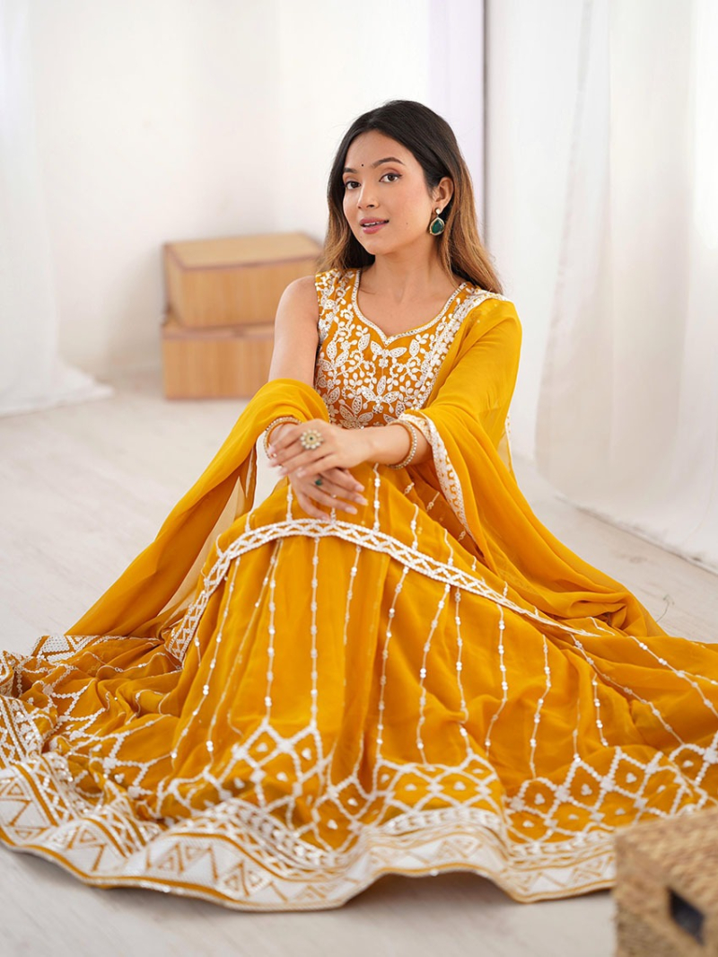 Designer Ethnic Traditional Mustard Faux Georgette Lehanga Suit