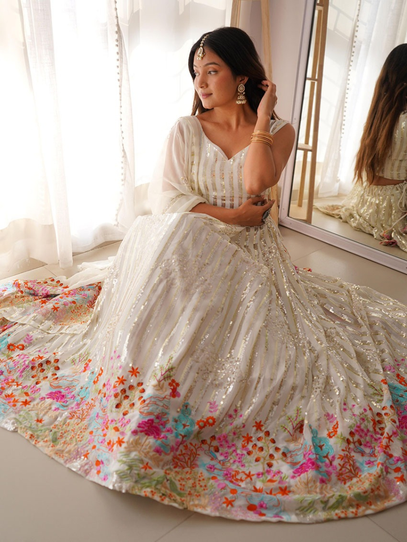 Elegant Traditional Ethnic White Georgette Lehanga Suit