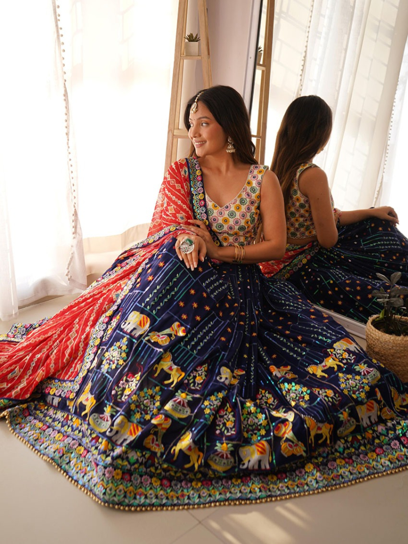 Designer Elegant Ethnic Royal Blue Faux Georgette Lehanga Suit