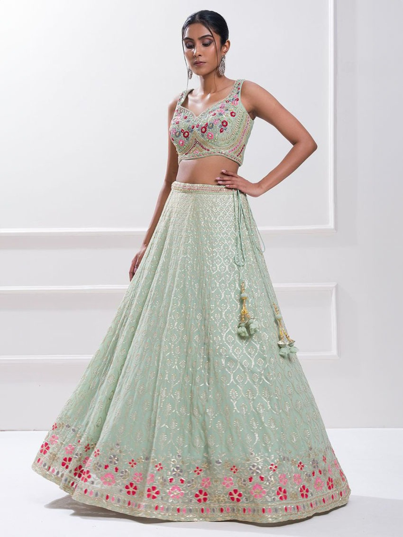 Designer Ethnic Elegant Mint Green Georgette Lehanga Suit