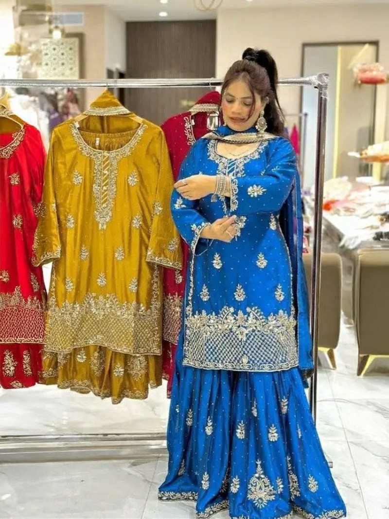 Elegant Ethnic Royal Blue Chinnon Silk Sharara Suit