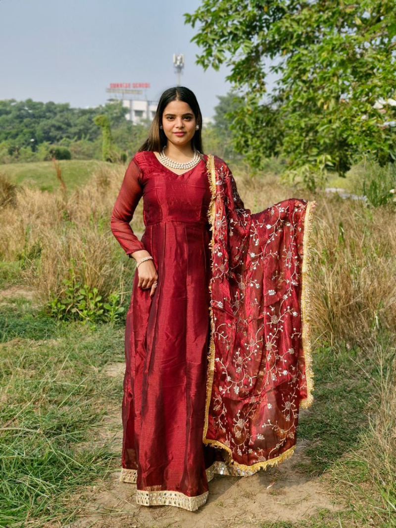 Ethnic Festive Traditional Maroon Burberry Silk Anarkali Suit