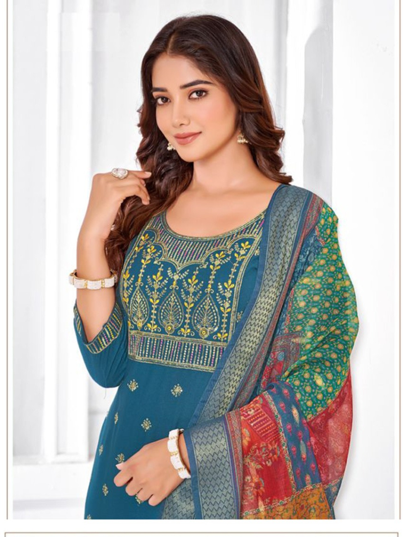 Elegant Casual Embroidered Teal Blue Rayon Straight Suit