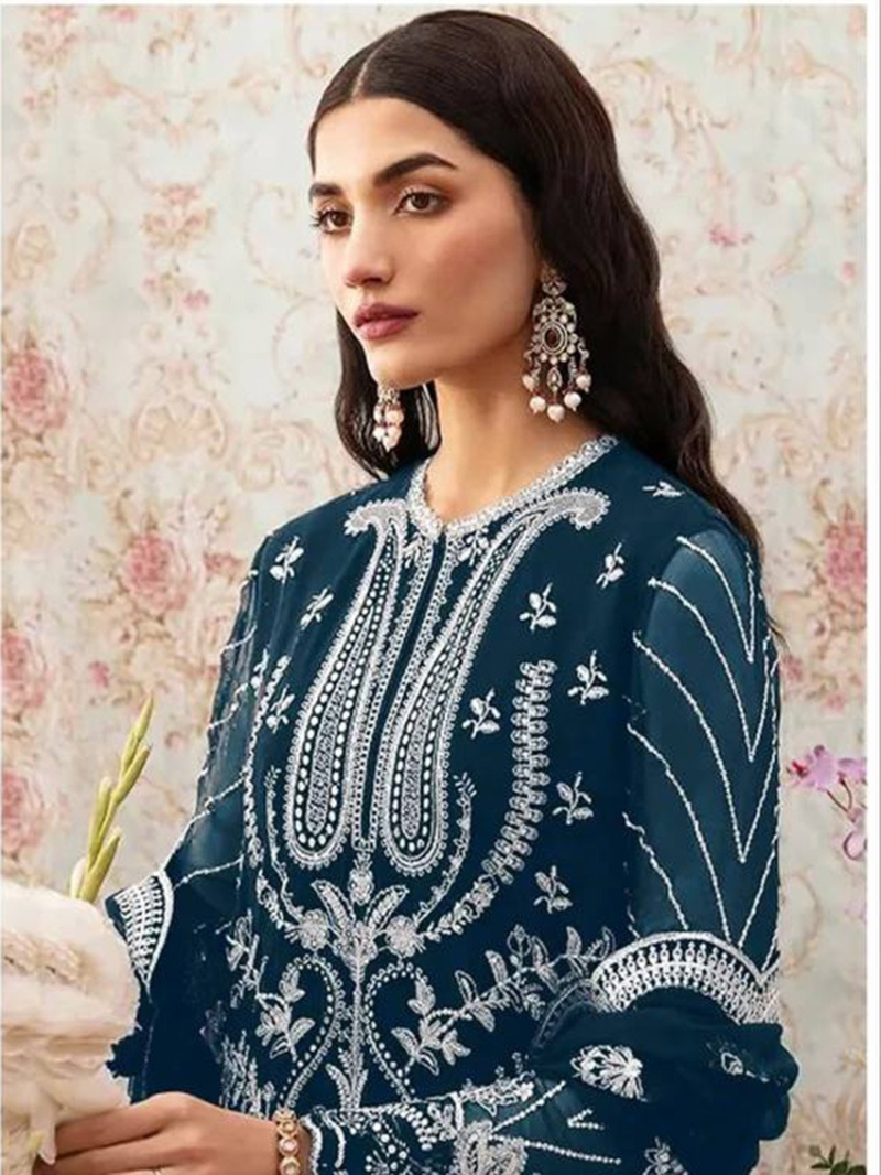 Elegant Traditional Teal Blue Faux Georgette Pakistani Plazo Suit