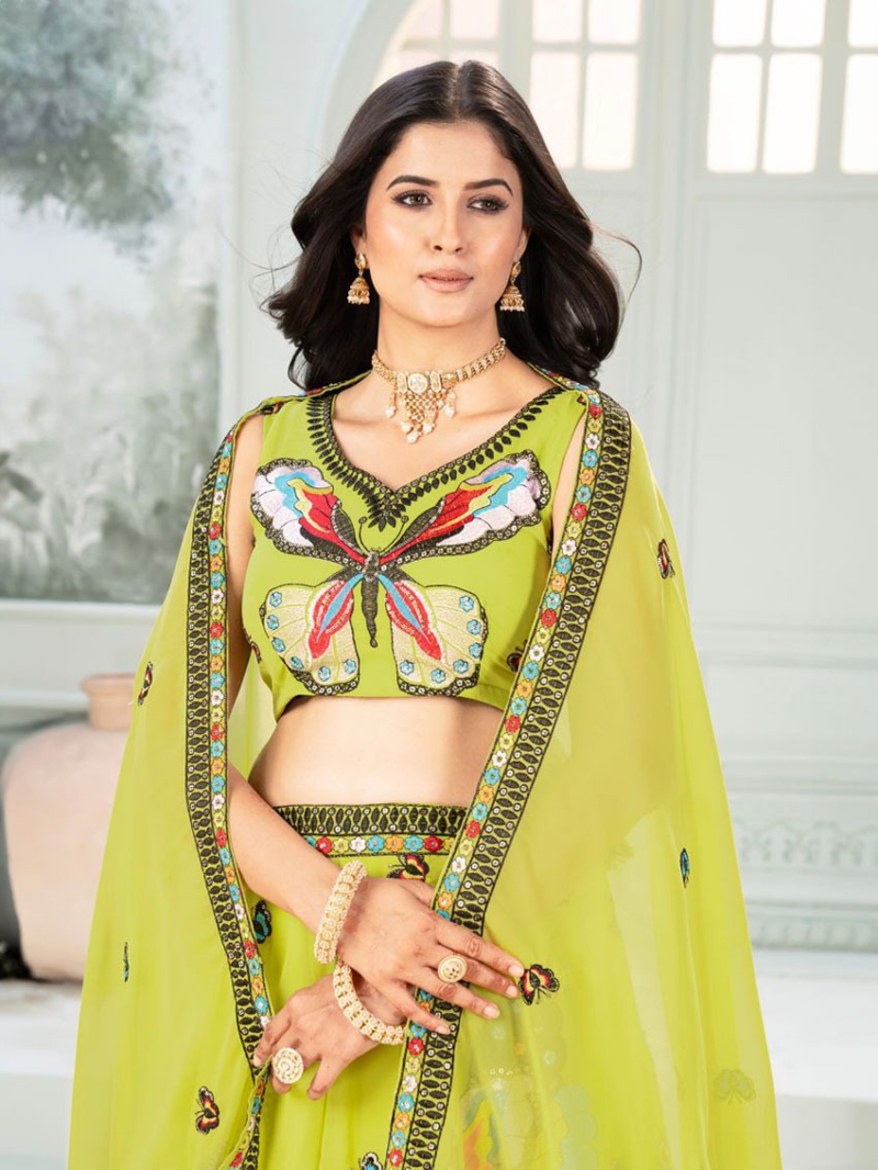 Designer Ethnic Elegant Parrot Green Georgette Lehanga Suit
