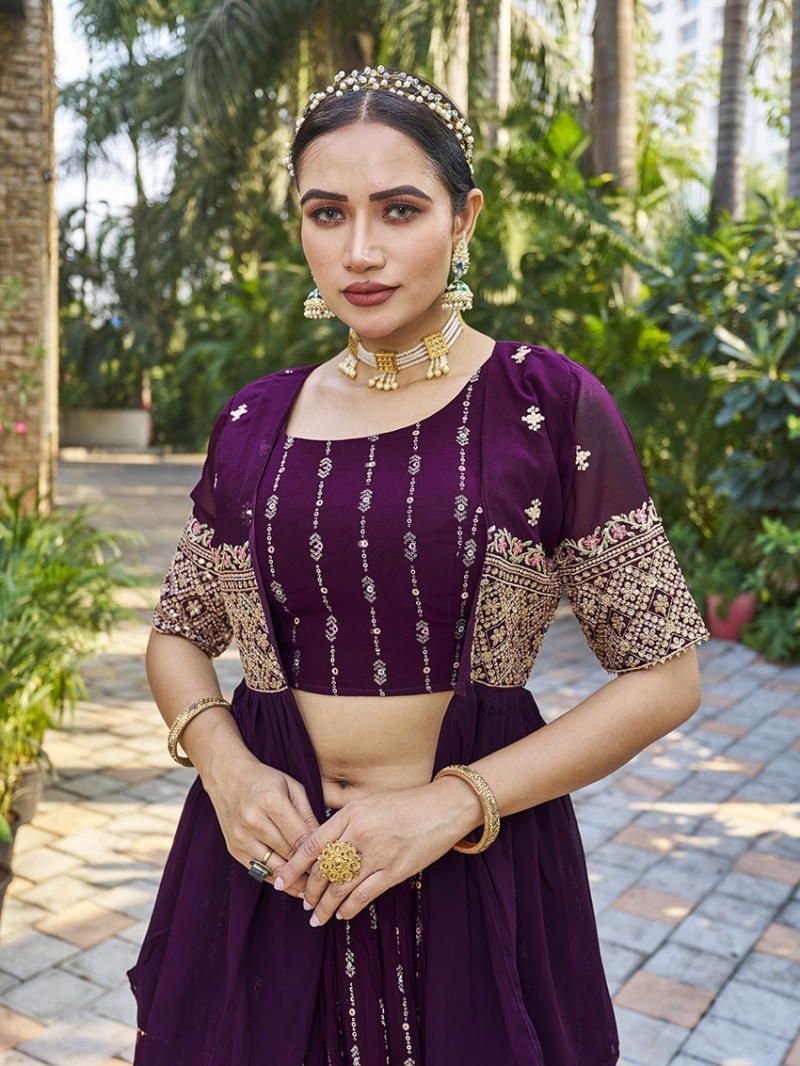 Ethnic Elegant Traditional Festive Dark Wine Georgette Jacket with Lehanga Suit
