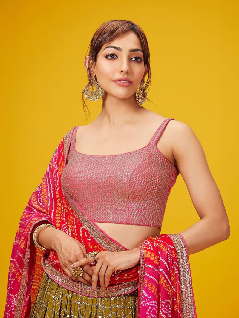 Designer Traditional Ethnic Olive Green Georgette Lehanga Suit