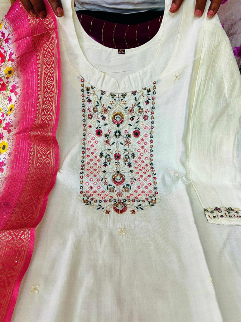 Elegant Traditional Ivory White Viscose  Straight Suit