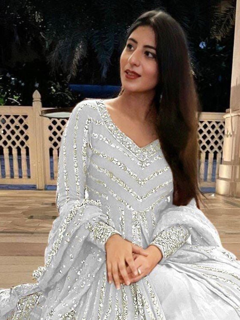 Auhentic White Faux Georgette Lehanga Suit