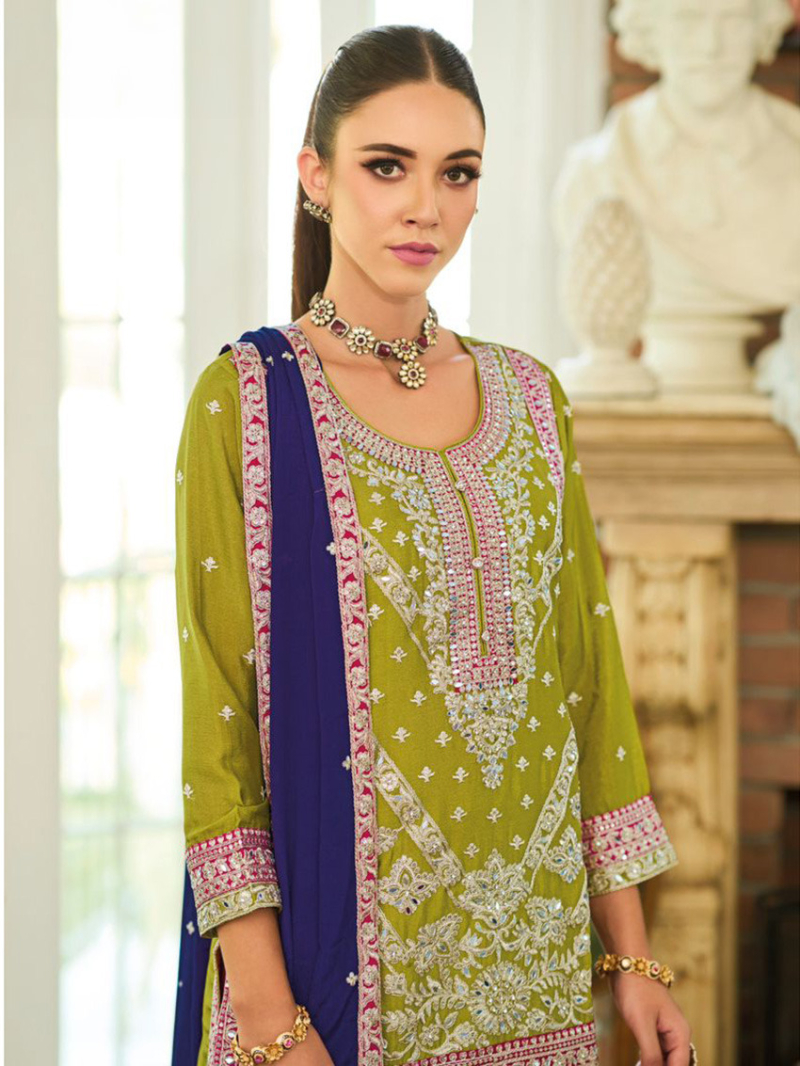 Elegant Ethnic Olive Green Chinnon Silk Sharara Suit