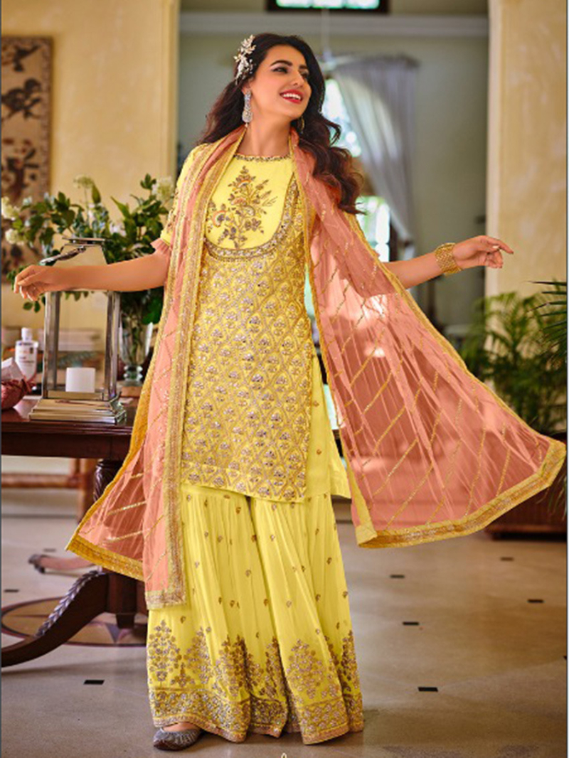 Ethnic Traditional Lemon Yellow  Georgette Sharara Suit