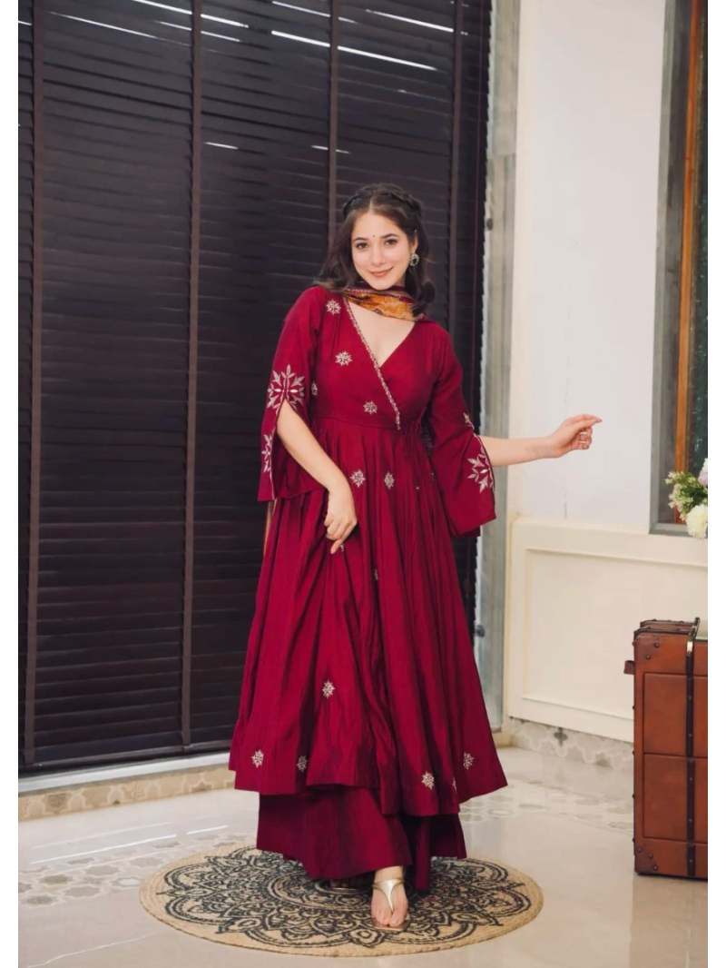Authentic Ethnic Elegant Maroon Chinnon Silk Plazo Suit