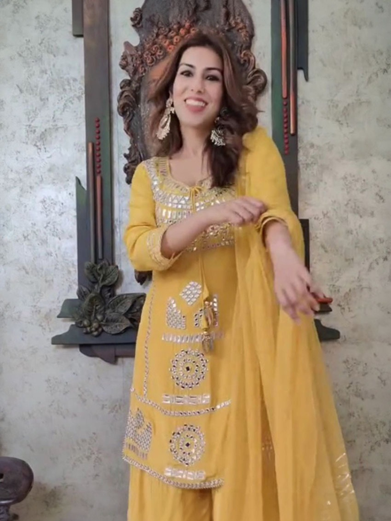 Ethnic Yellow Mirror Work Sharara Suit