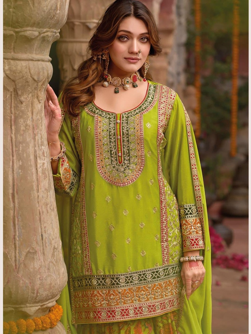 Ethnic Traditional Lime Green Embroidered Sharara Suit