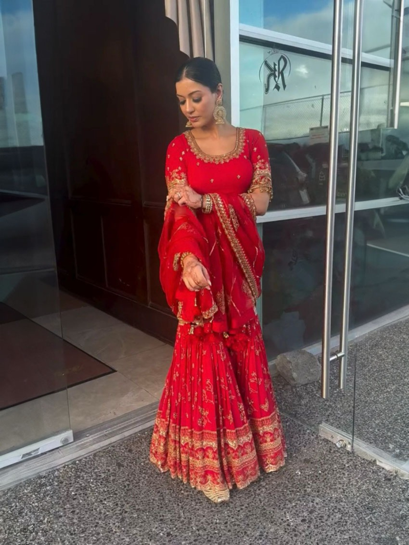 Authentic Red Faux Georgette Sharara Suit 