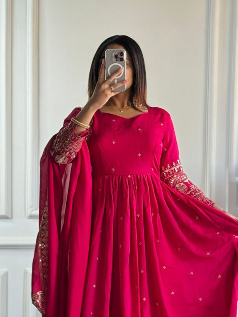 Elegant Festival Rani Pink Vichitra Silk Anarkali Suit