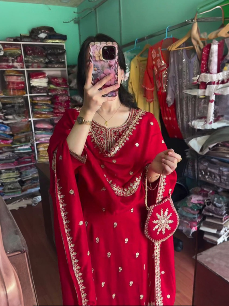 Elegant Festive Rich Red Roman Silk Straight Suit