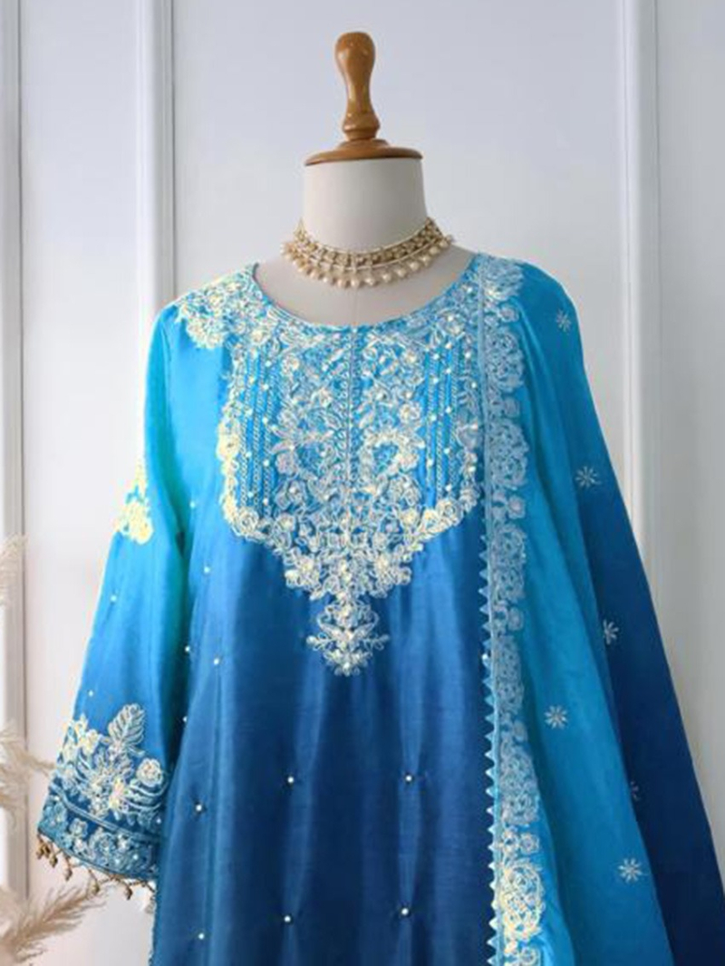Ethnic Designer Blue Chinnon Embroidered Sharara Suit 
