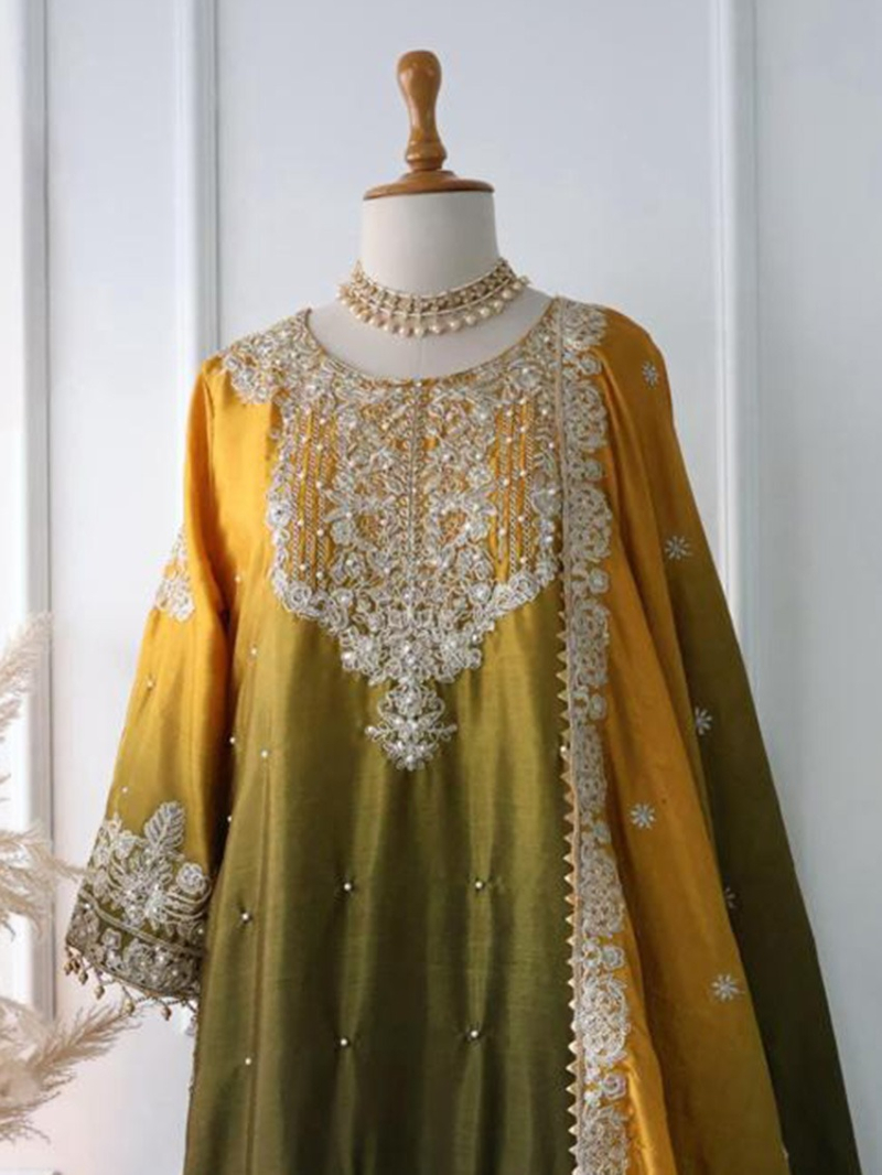 Elegant Ethnic Festive Olive & Mustard Embroidered Sharara Suit