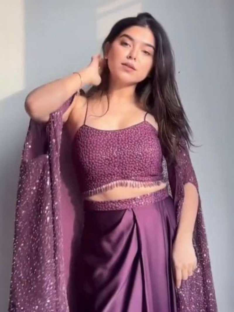 Ethnic Designer Draped  Satin Silk Purple Lehanga  Suit