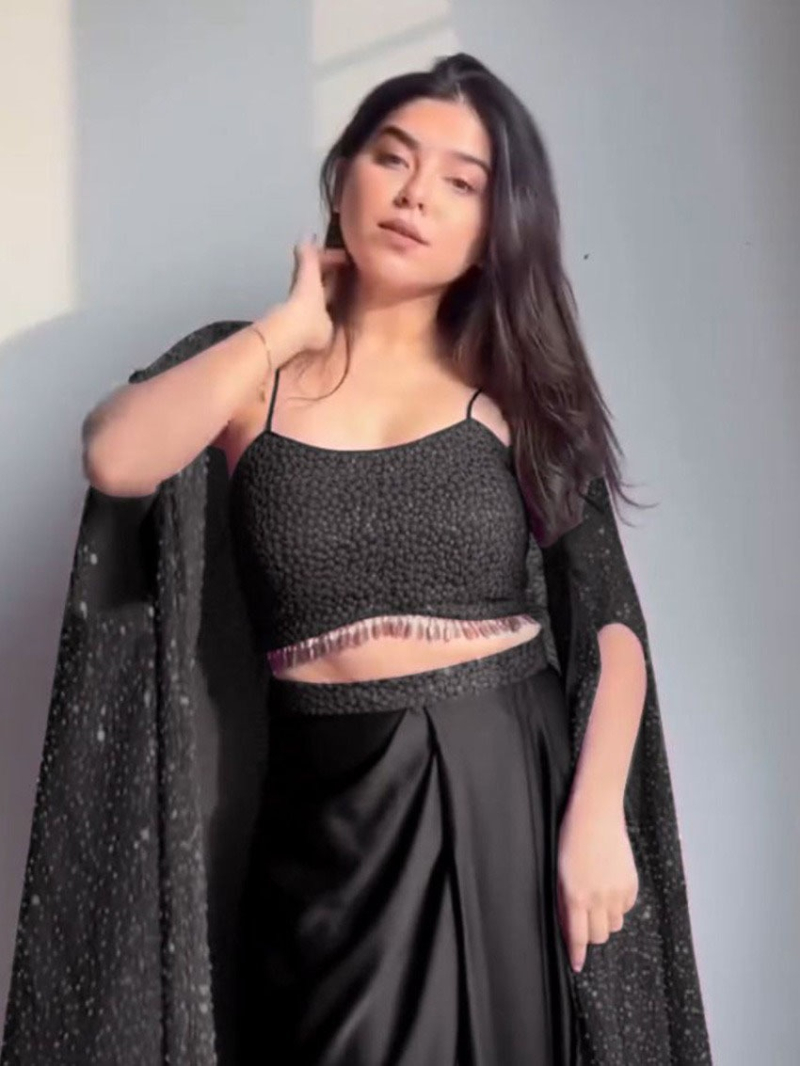 Elegant Ethnic Designer Draped Satin Silk Black Lehanga Suit