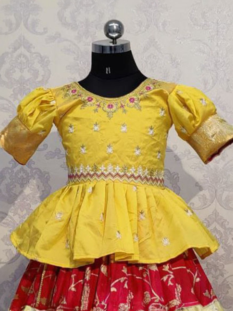 Traditional Ethnic Yellow & Red  Cotton Silk Kids Lehanga Suit