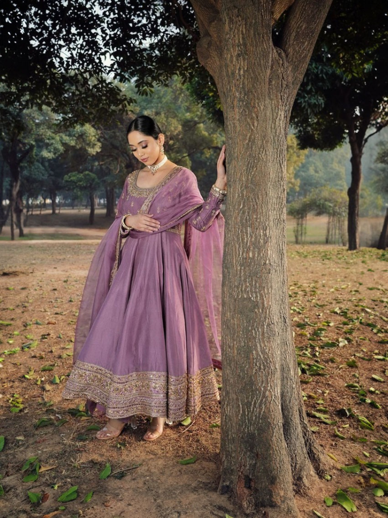 Elegant Traditional Lavender Roman Silk Anarkali Suit