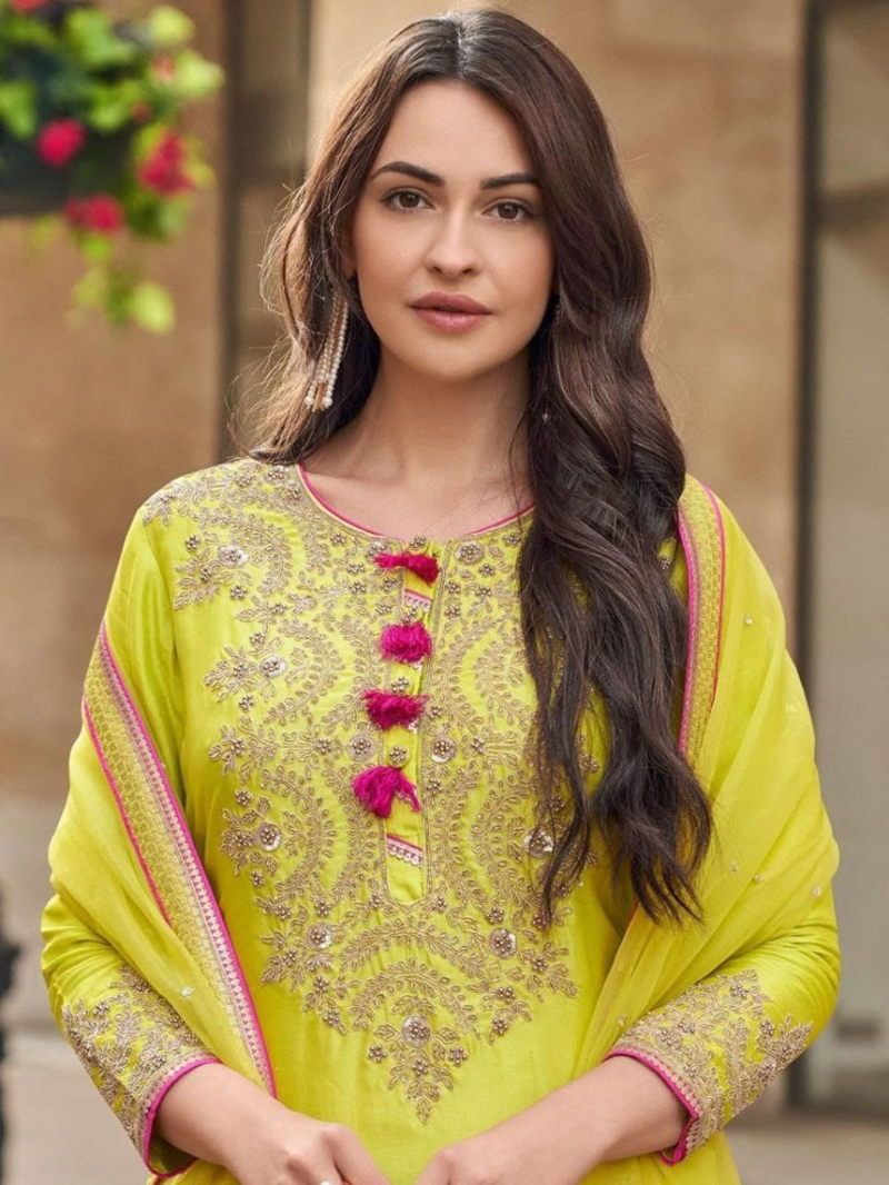 Ethnic Festive Lime Green Georgette Embroidered Plazo Suit