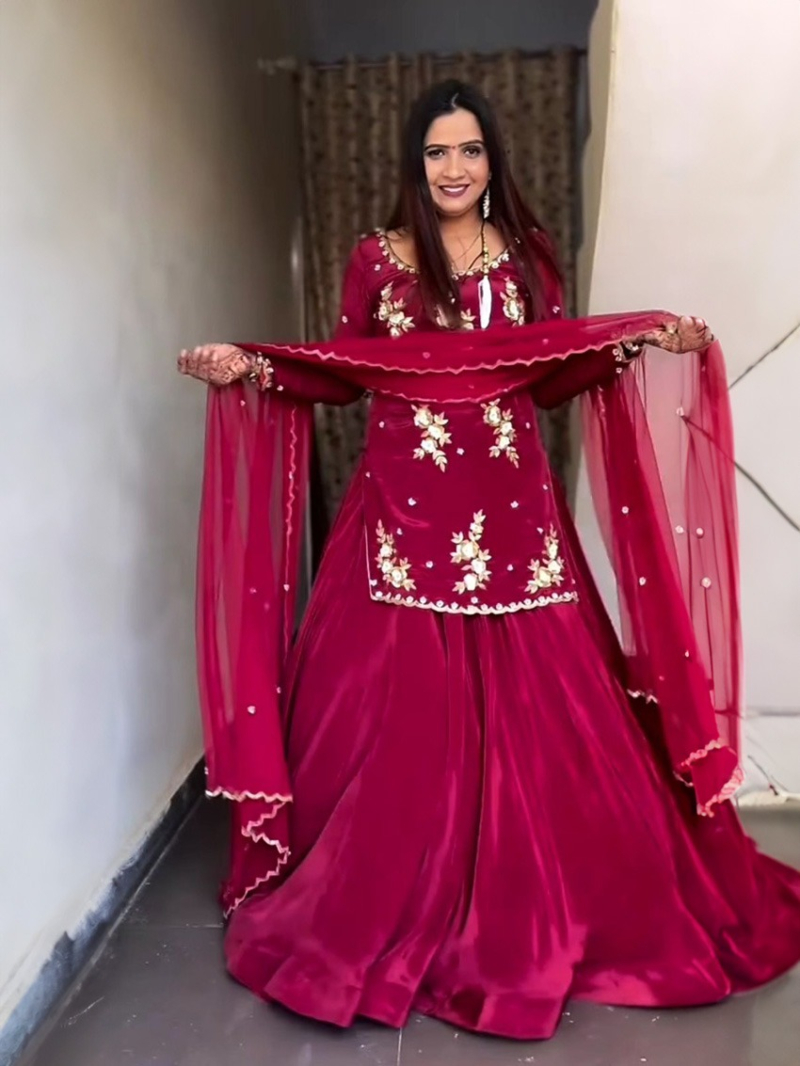 Deep Maroon Natural Crepe Silk Lehanga Suit 